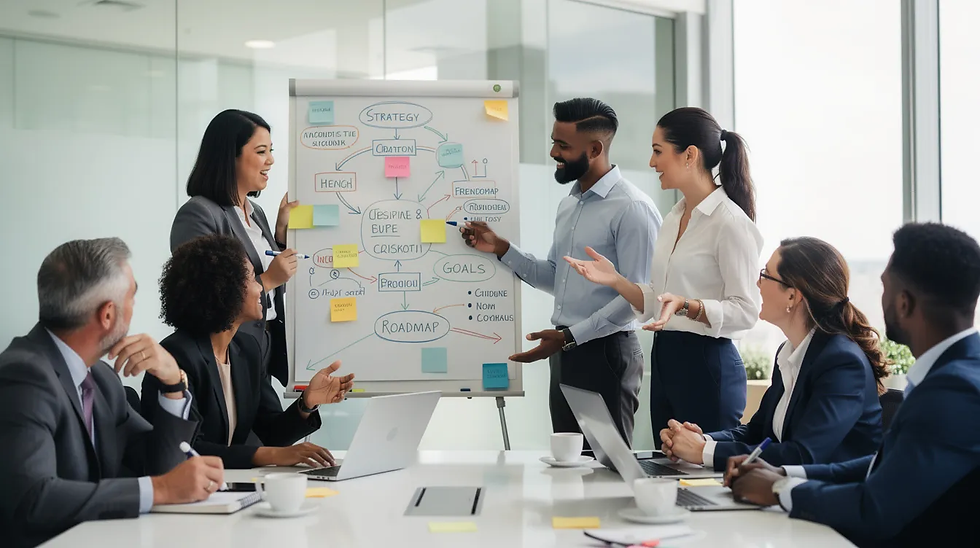 A diverse group of team members is actively collaborating around a whiteboard, displaying engaged expressions as they discuss ideas. This scene highlights the importance of fostering intrinsic motivation and employee engagement in a collaborative work environment, which can lead to enhanced problem-solving and personal fulfillment.