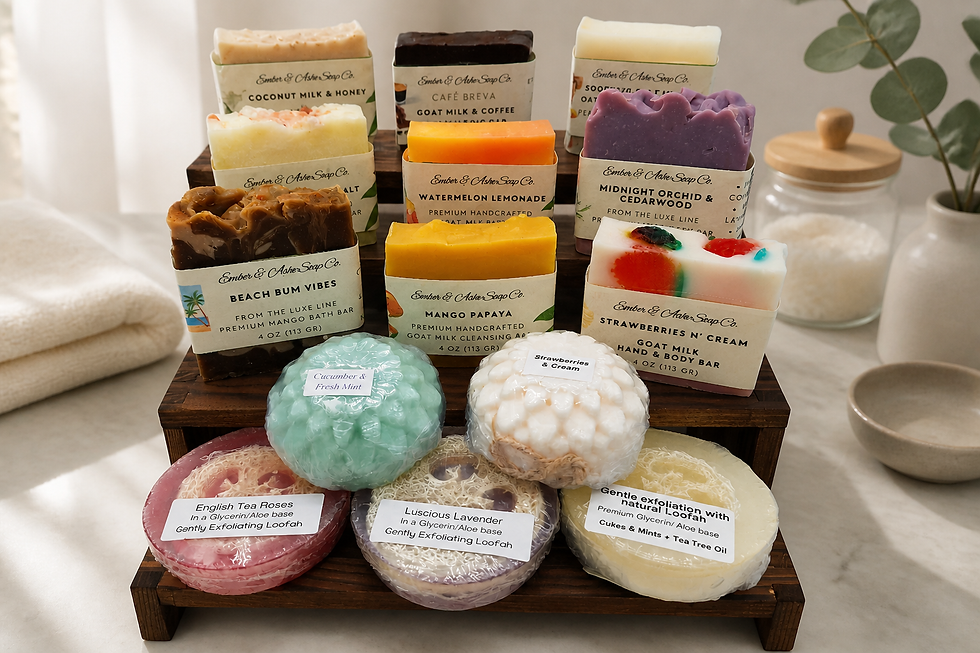 Close-up view of natural soap bars arranged on a wooden surface