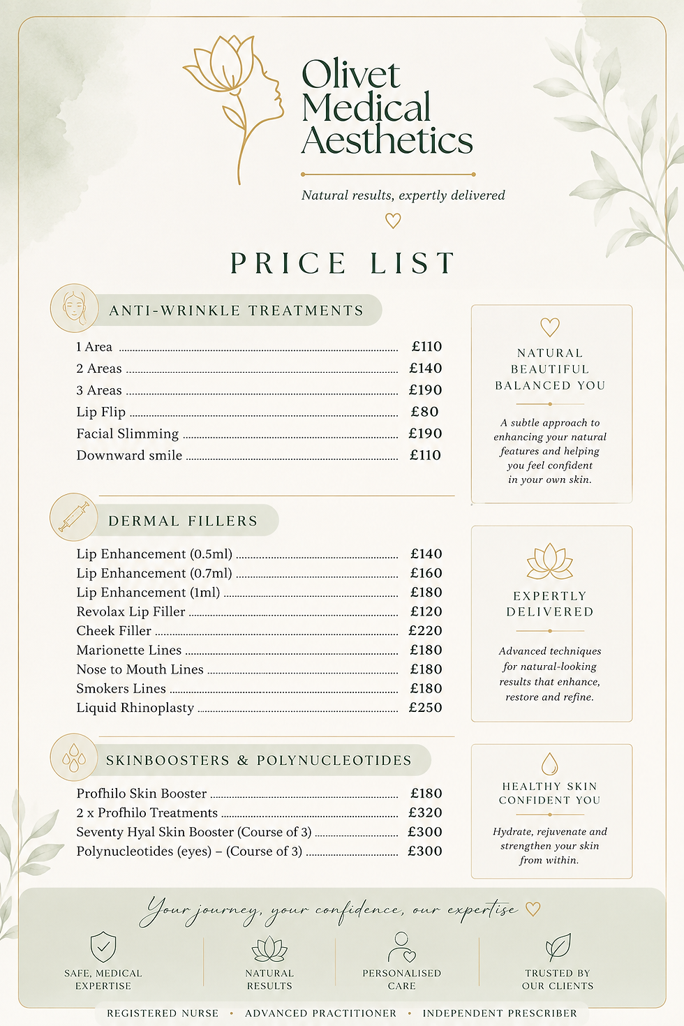 Detailed price list for aesthetic treatments