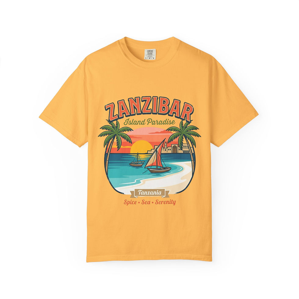 Thumbnail: Zanzibar Island Paradise T-Shirt — Vintage Beach Sunset Sailboat Design
