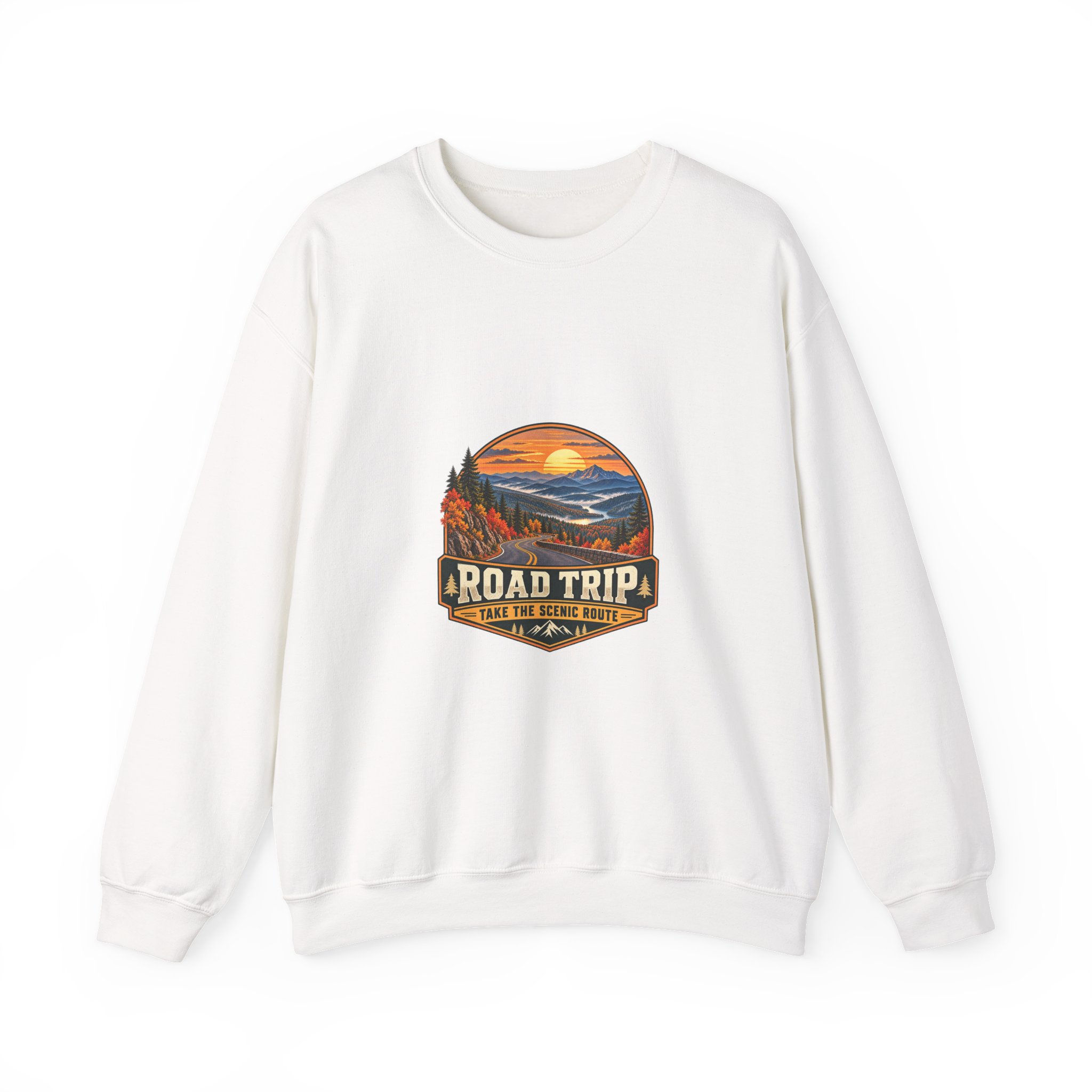 Road Trip Crewneck Sweatshirt — Scenic Sunset Adventure Travel Graphic