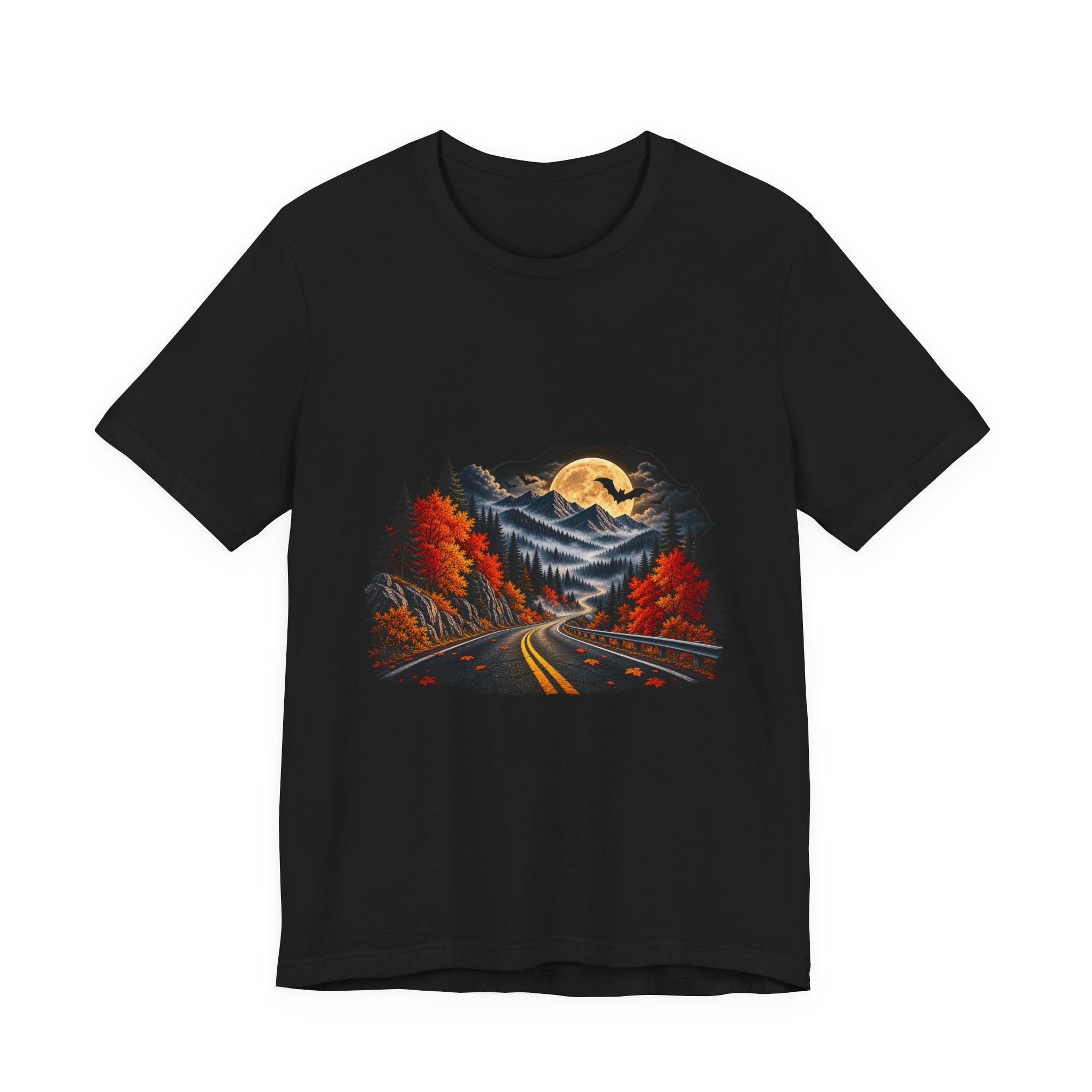Autumn Night Road Tee — Moonlit Mountain Scenic T-Shirt