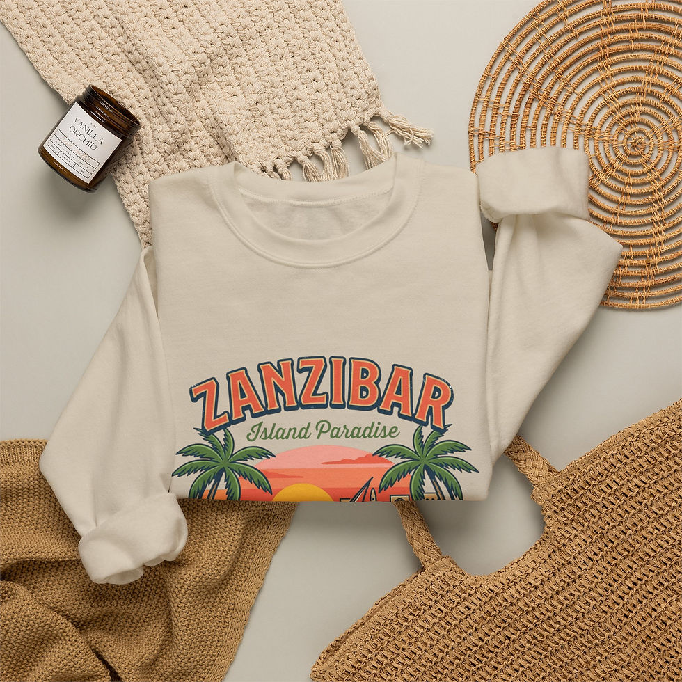 Thumbnail: Zanzibar Island Paradise Crewneck Sweatshirt – Vintage Sunset Sailboat Design