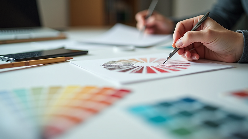 Close-up view of a designer’s workspace with sketches and color swatches