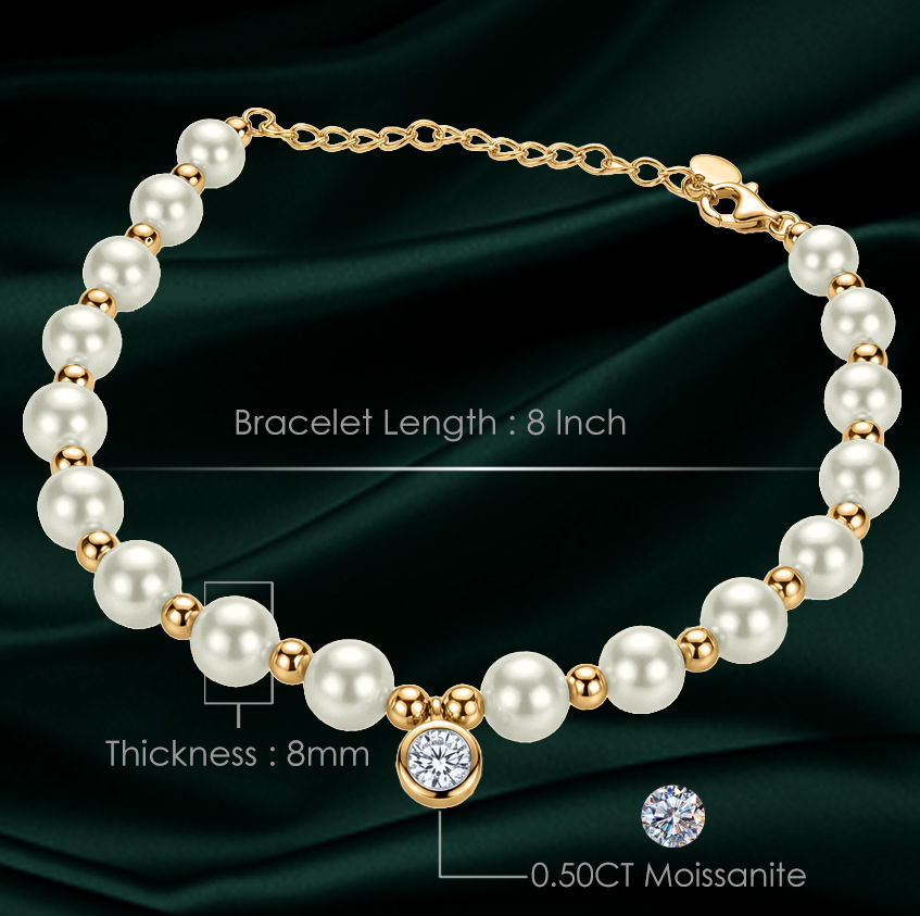 Thumbnail: 925 Sterling Silver 0.50ctw Pearl VVS1 D Moissanite Women's Bracelet