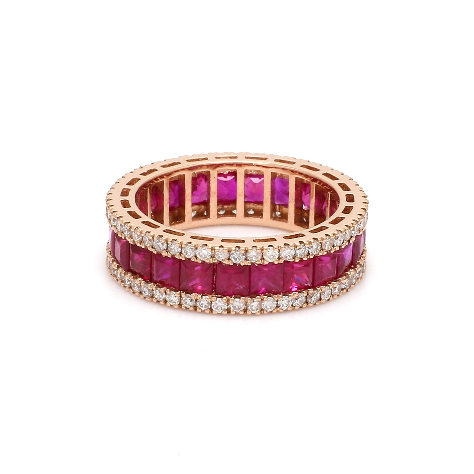 Princess Cut Natural Ruby Gemstone & Paved Diamonds Luxury 14k Pure Gold Full Et