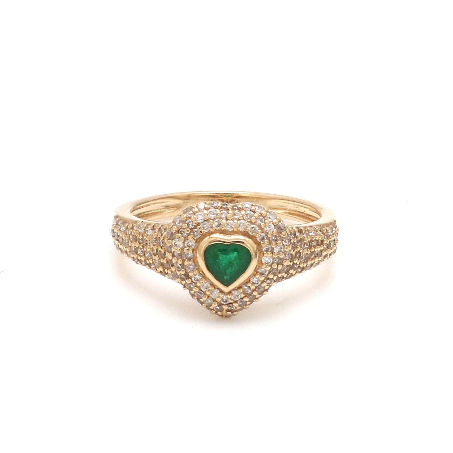 Natural Heart Cut Emerald Center Stone With Side Diamond 14K Pure Gold Band Ring