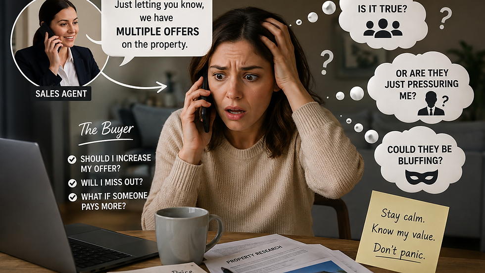 Home buyer panics after a real estate agent says there are multiple offers, wondering if the competition is genuine or sales pressure.