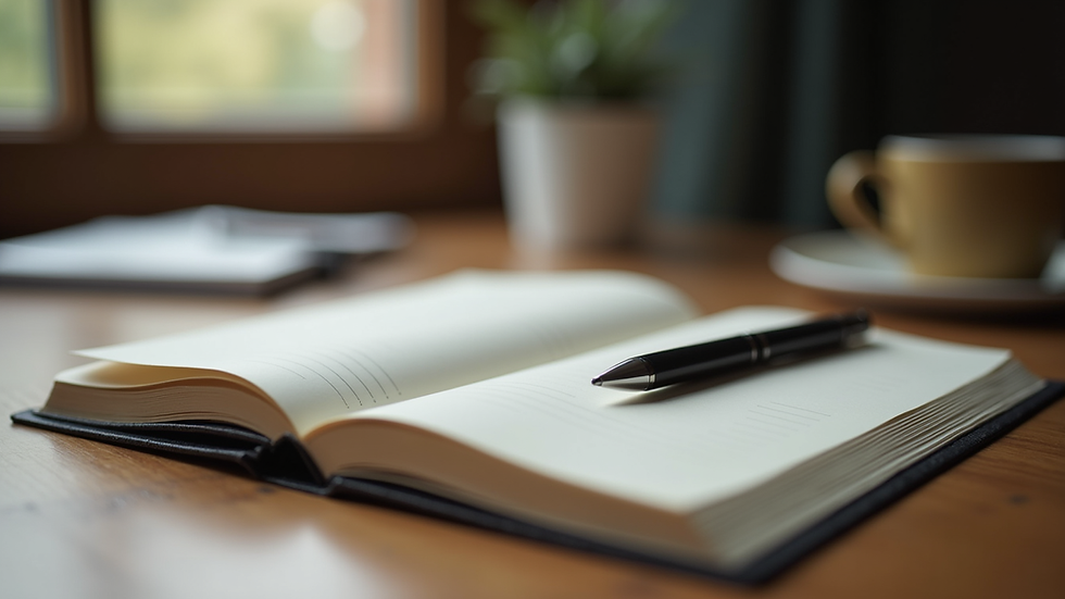 Close-up view of an open journal with a pen resting on a wooden table