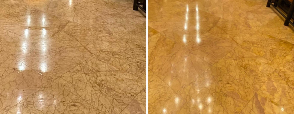 Before and after photos shows the difference after Floor strip, seal and Polish
