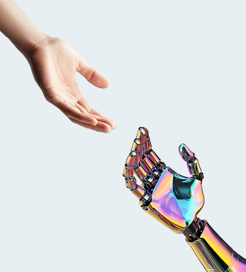 A human hand reaches out to a colorful robotic hand against a light blue background, symbolizing connection and collaboration.