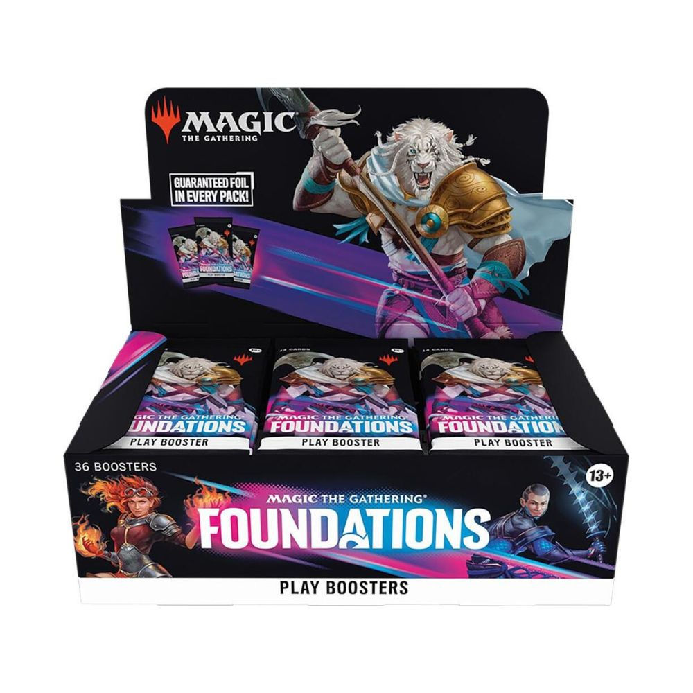 Magic: The Gathering Foundations (FDN) Play Booster Box featuring a cat soldier on the artwork. Contains card packs.