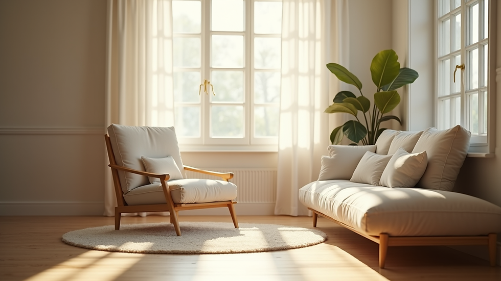 Eye-level view of a quiet, sunlit room with a comfortable chair and soft cushions