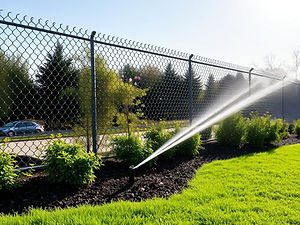 landscaping with a chainlink fence and sprinkler running.jpg