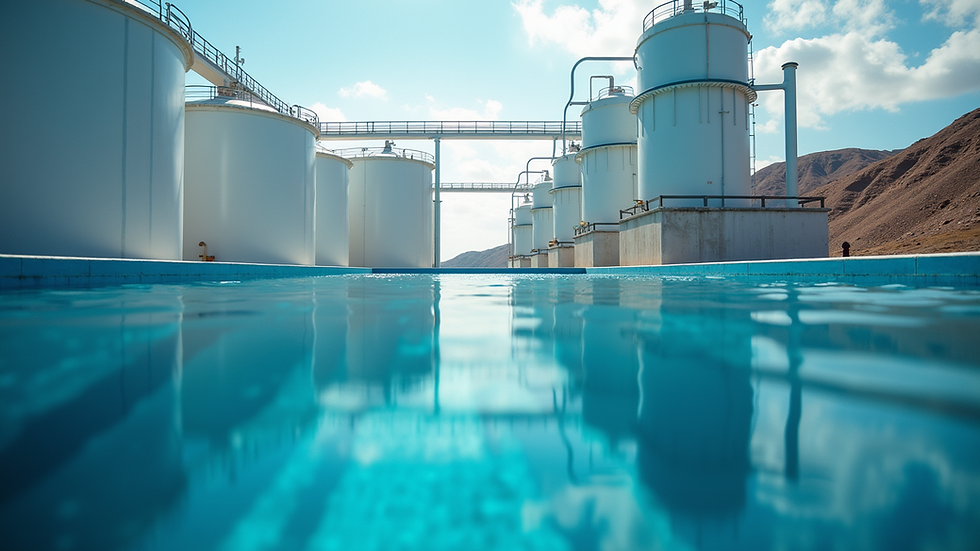 Eye-level view of a modern ocean water desalination plant with large filtration tanks