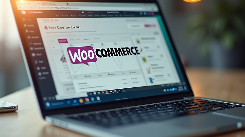 Close-up view of a laptop screen showing WooCommerce dashboard