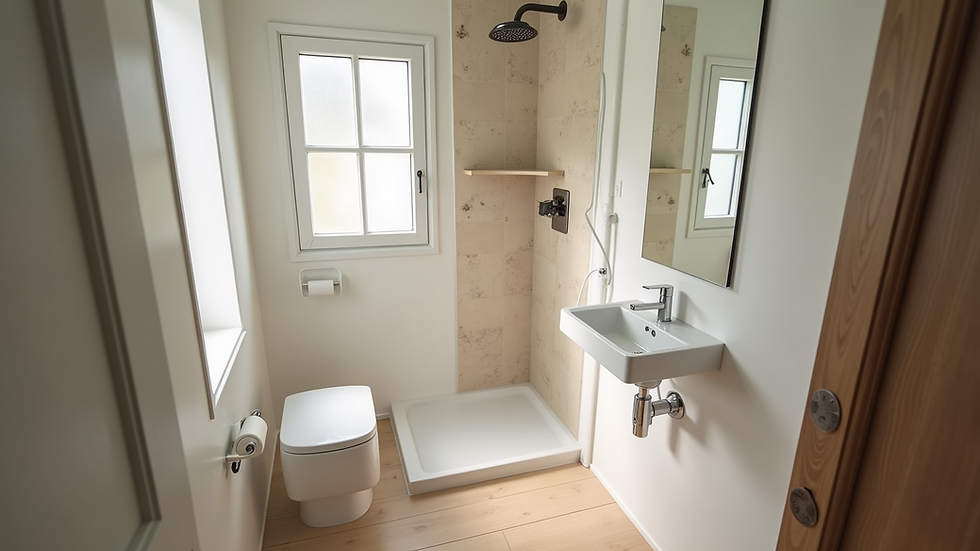 High angle view of a beautifully designed accessible bathroom in a tiny home