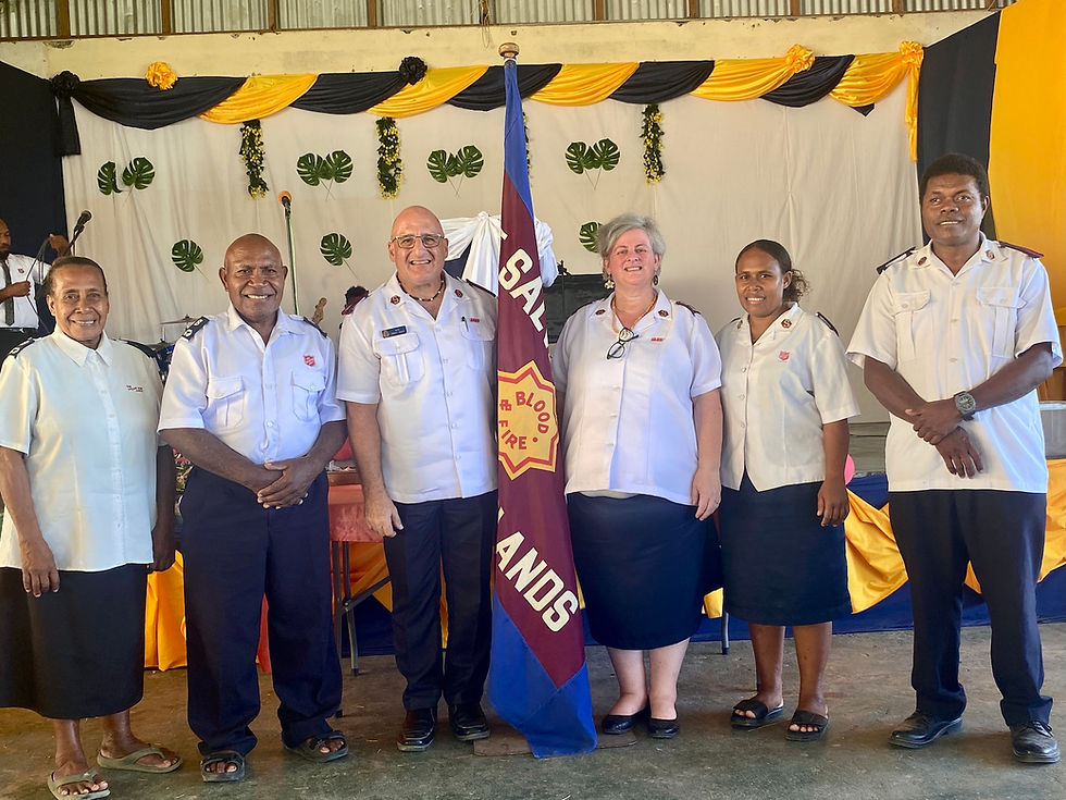 The Solomon Islands Salvation Army District Team - (from left) Envoy Freda Ganiomea (Western Province Area Officer), Envoy Festus Ganiomea (Western Province Area Officer), Major Robert Evans (District Officer), Major Vanessa Evans (District Director Women’s Ministries), Aux-Capt Fostina Ramo'oroa (Honiara Corps Officer), Aux-Capt Wency Ramo'oroa (Honiara Corps Officer).