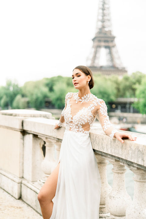 Bridal portrait in Paris with the Eiffel Tower in the background, captured by fine art photographer The Bercans.