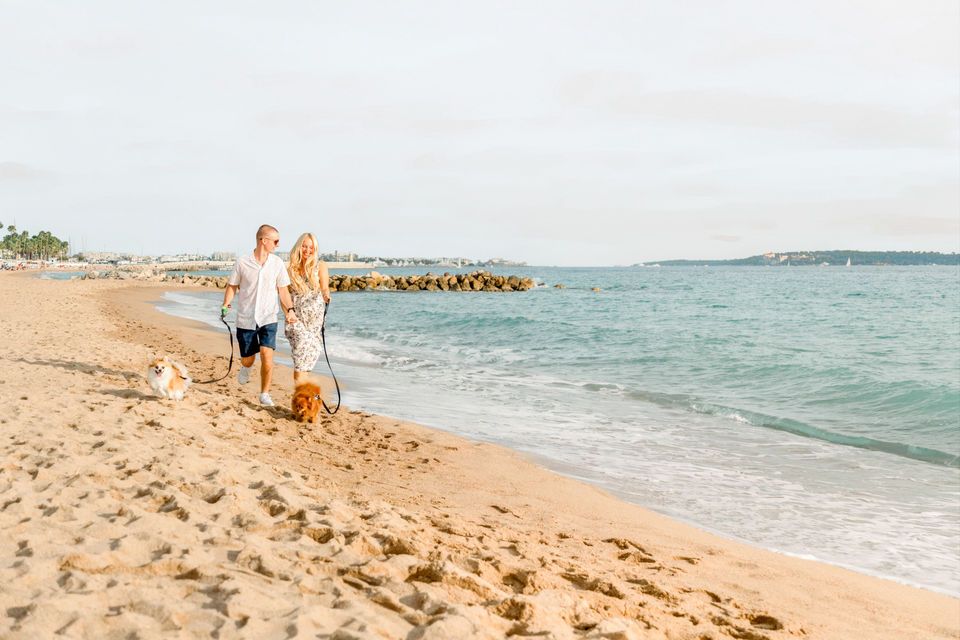 A couple and their two dogs enjoying a sunset walk by the beach in Cannes, captured by The Bercans.