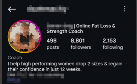 Image showing fake fitness coach instagram profile. Weight loss and women training fake claims