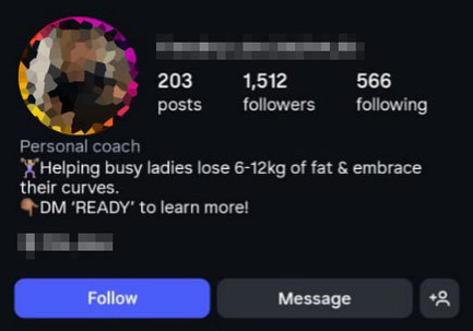 Image showing fake fitness coach instagram profile. Weight loss and women training fake claims