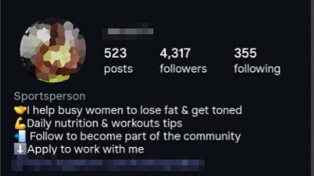 Image showing fake fitness coach instagram profile. Weight loss and women training fake claims