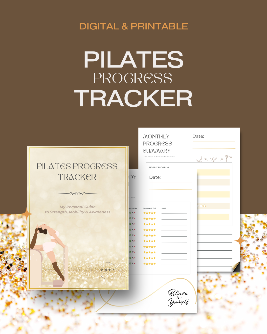 Pilates Progress Tracker cover and pages. Pilates Progress Tracker | Printable & Digital Planner A5 CORE Online Coaching.