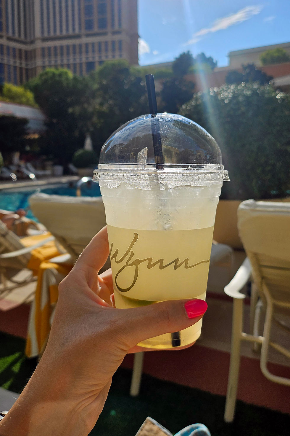 Hand with pink nails holds a lemonade drink labeled "Wynn" by a pool. Sunny setting with buildings and greenery in the background. Grumpy Nomad Cat