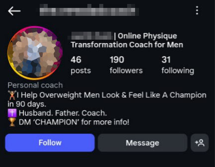 Image showing fake fitness coach instagram profile. Weight loss and women training fake claims