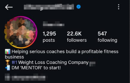 Image showing fake fitness coach instagram profile. Weight loss and women training fake claims