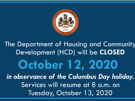 HCD will be Closed October 12 in Observance of the Columbus Day Holiday