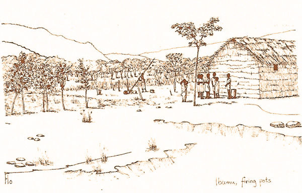 Ibuma, firing pots - drawing by Flo in 1985