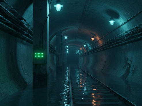 A rail tunnel with floodwater spreading across the tracks, beside a pump control panel showing all green lights.