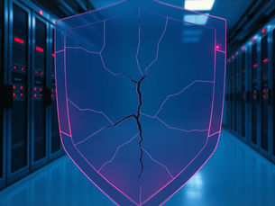 A sleek server room in cool blue light, with faint red warning indicators glowing on equipment panels. In the foreground, a translucent geometric shield shows visible stress fractures, as though something is pushing through from the other side. Clinical, quietly ominous.