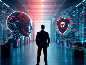 A cinematic photorealistic split scene showing a business choosing between two AI platforms: on one side, a sleek low-cost AI system with streams of data flowing rapidly and efficiently; on the other, a secure enterprise AI environment protected by digital barriers and cybersecurity layers. A business executive stands between the two, weighing cost against security and data privacy.