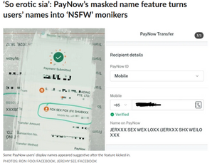 A smartphone displaying a PayNow transfer screen with a partially masked name, set against a clean Singapore banking context.