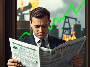 A businessman calmly reading a newspaper with rising stock market charts behind him, while oil barrels and flames are visible through the window — illustrating the disconnect between financial markets and the Iran war.