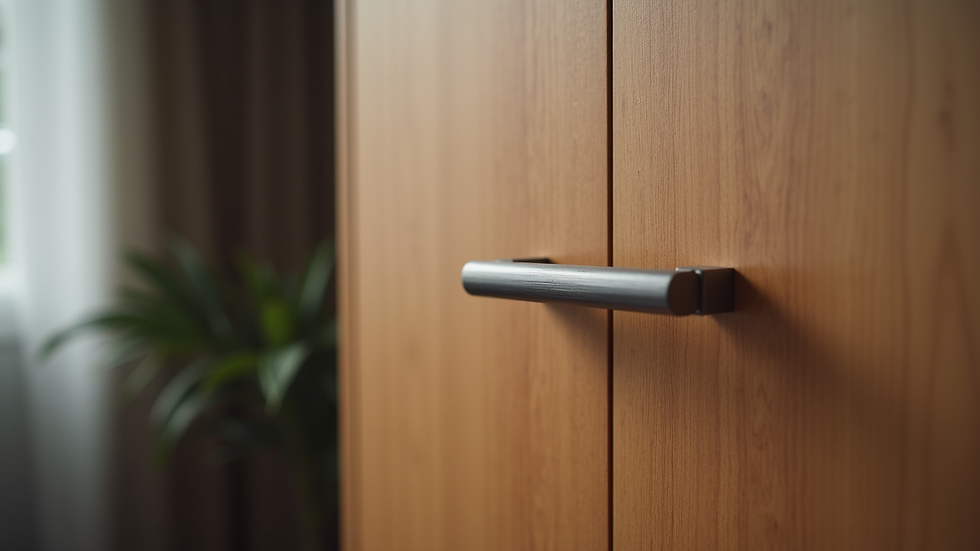Close-up view of wooden cabinet door with metal handle
