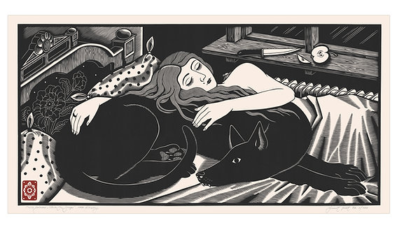 While she sleeps - Nighttime - linocut print, 44 x 84 cm