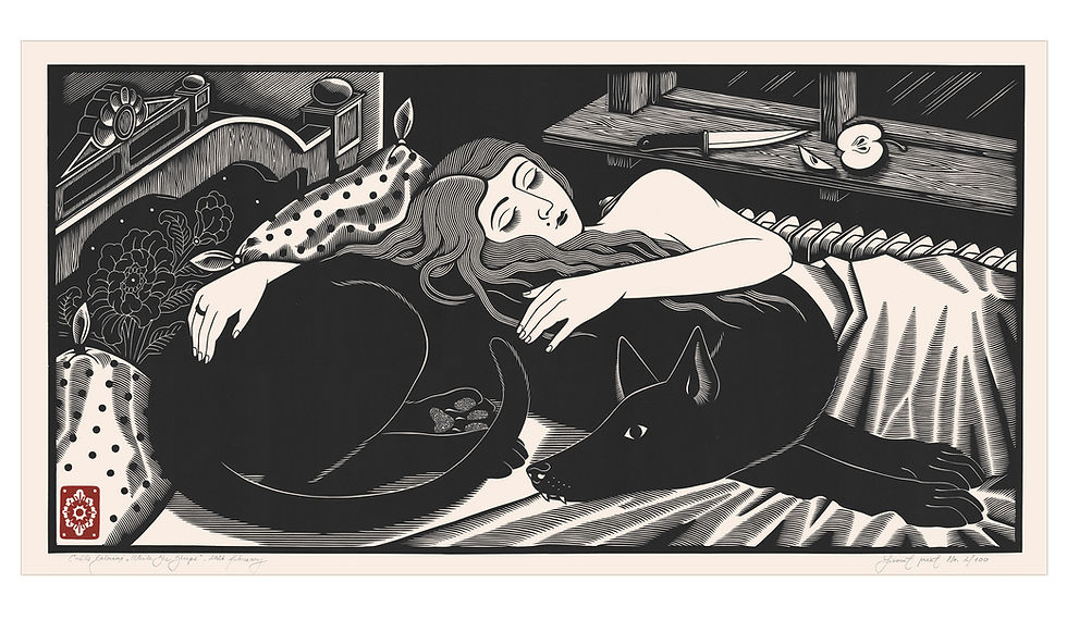 Thumbnail: While she sleeps - Nighttime - linocut print, 44 x 84 cm