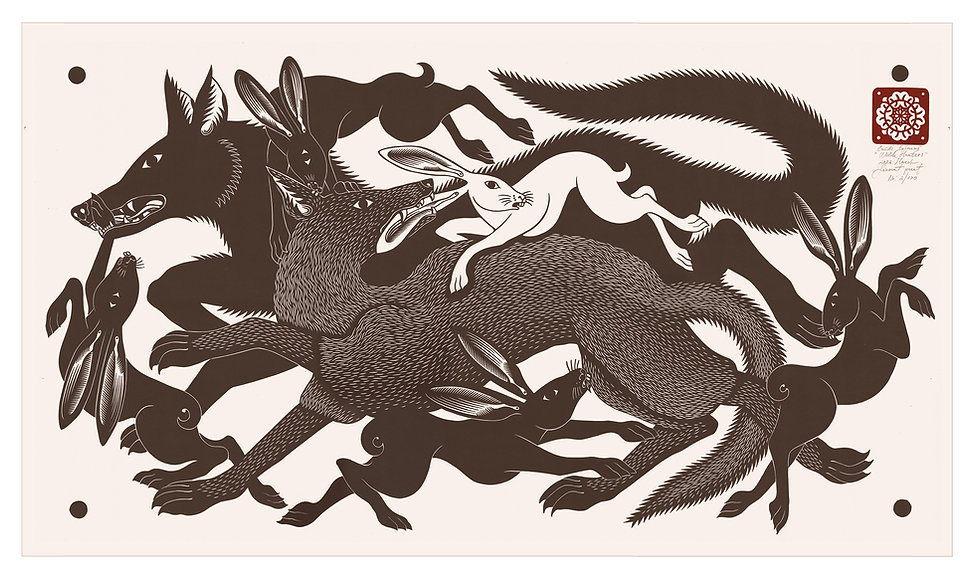 Wild hunters - BROWN - linocut print, 58 x 100 cm