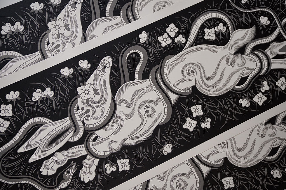 Thumbnail: Funeral - 2 layer linocut print,  87.5 x 33.5 cm
