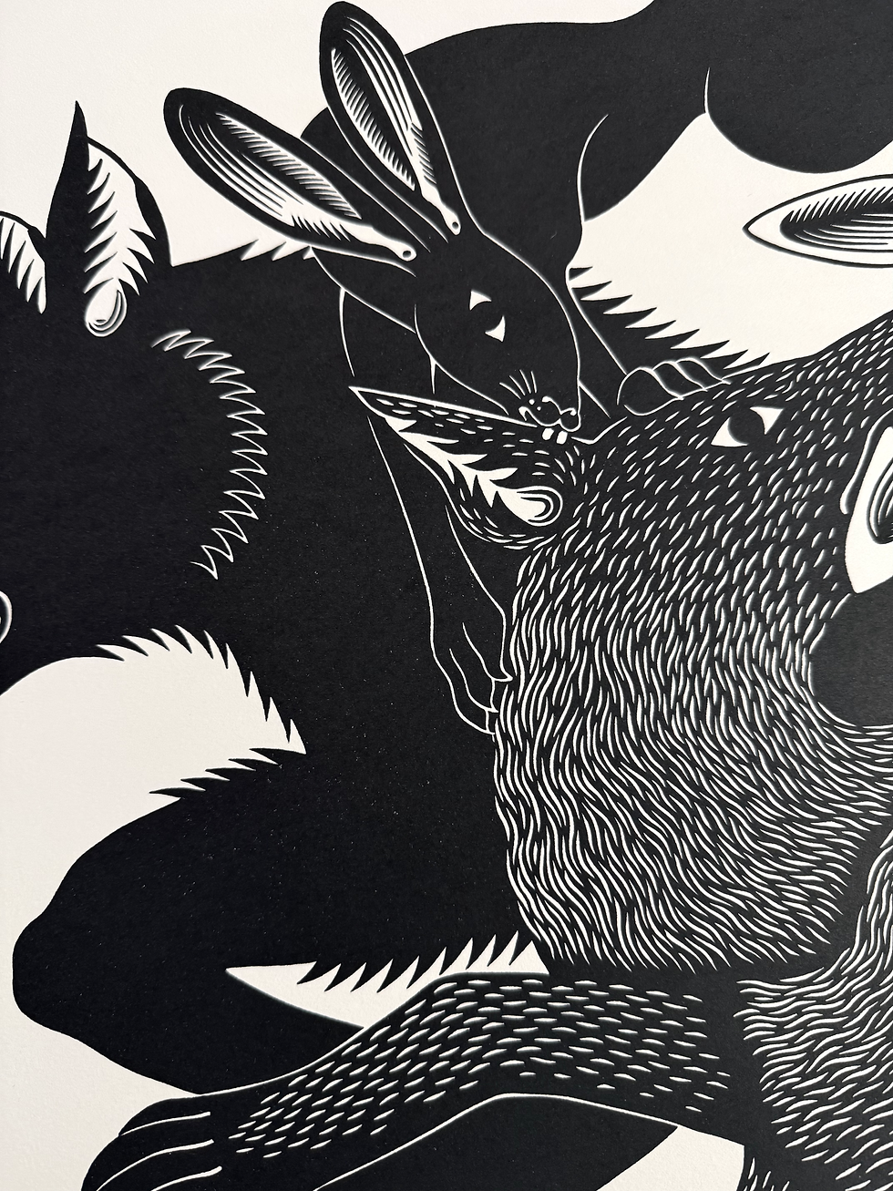 Thumbnail: Wild hunters - BLACK - linocut print, 58 x 100 cm