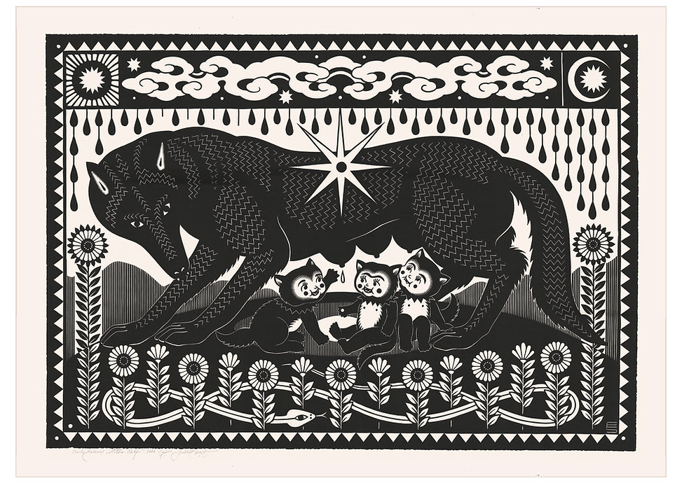 DISCOUNTED Mother wolf - linocut print, 70 x 96 cm