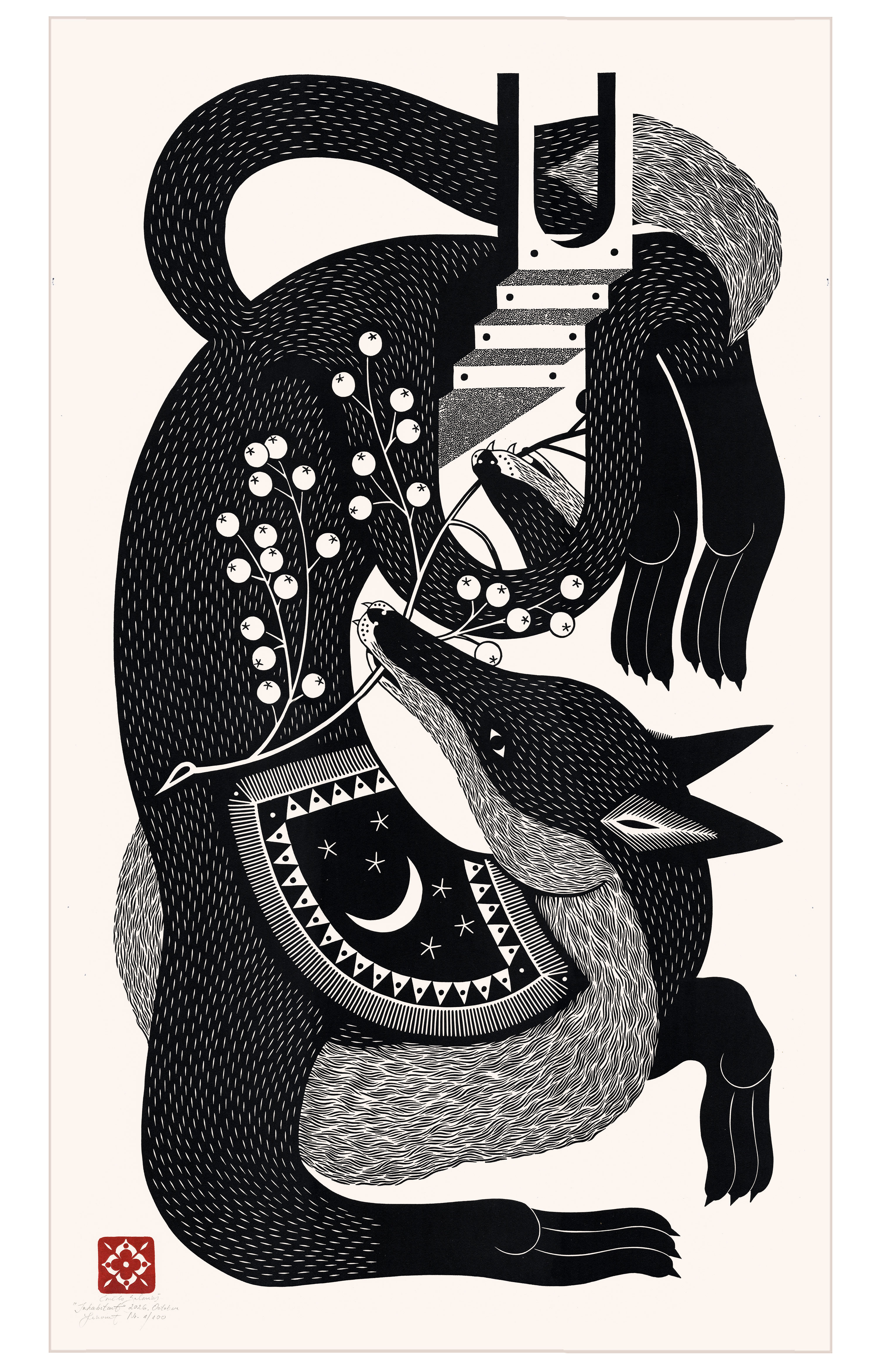Inhabitant - linocut print, 100 x 60 cm