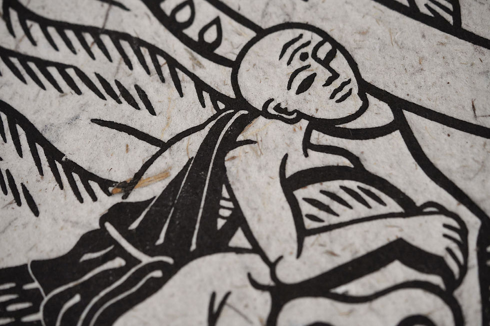 Thumbnail: The Blind Monks and the Elephant - linocut print on Elephant POOPOOPAPER