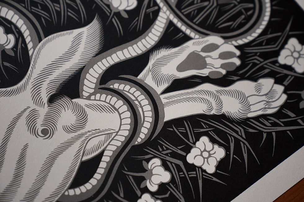 Thumbnail: Funeral - 2 layer linocut print,  87.5 x 33.5 cm