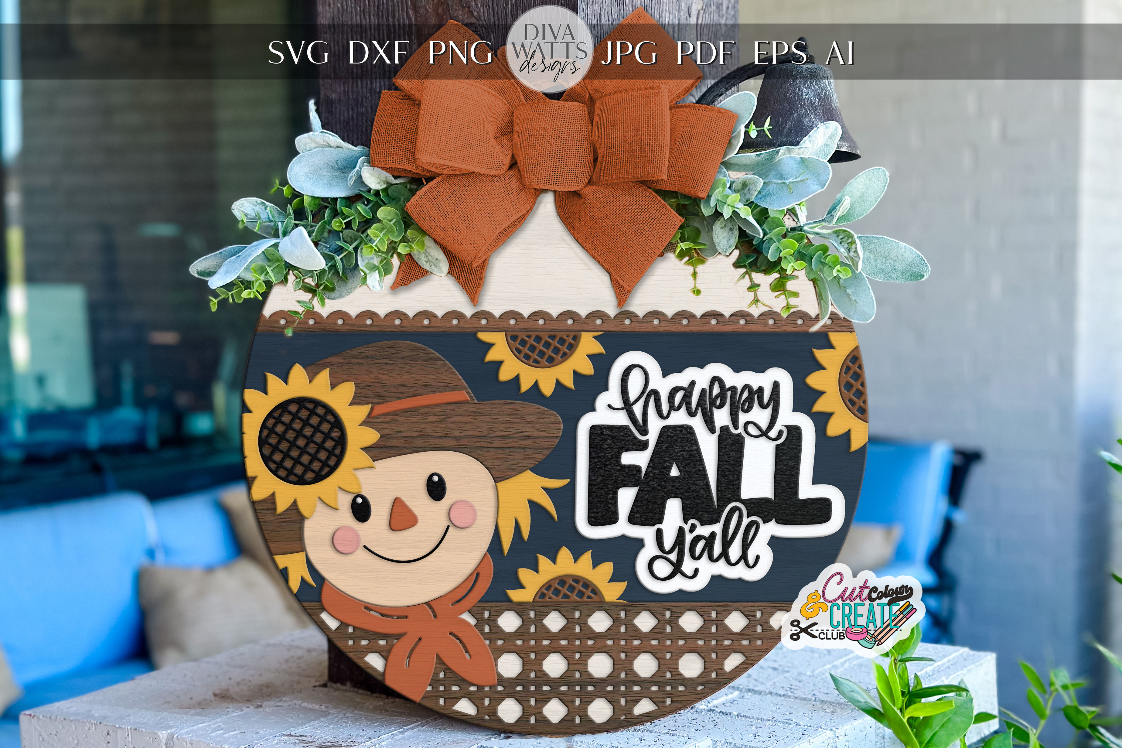 Hello Fall – SVG Laser Cut File with Cute Scarecrow and Rustic Accents