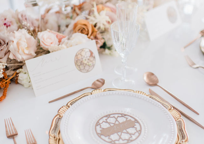 Elevate your special day with our exquisite white cotton custom wedding invitations, featuring a stunning die-cut morrocan geometric  pattern. Each invitation is crafted to perfection, setting the tone for your special day. Complement your wedding day with matching custom die-cut menus and place cards that add a touch of elegance your tablescape. Make your wedding unforgettable with these unique and personalized details.